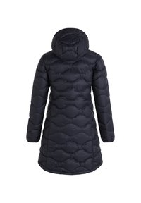 Puffer coat in dark navy with a quilted pattern. Features a hood and long sleeves, designed for warmth with a sleek silhouette.