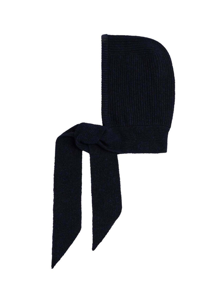Gorro de punto en azul marino oscuro con textura acanalada, con dos lazos largos para atar bajo la barbilla. Material suave y cálido.