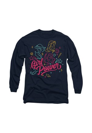 Navy long-sleeve t-shirt featuring colorful artistic design of characters and the text "Girl Power" in pink, accented with various shapes.