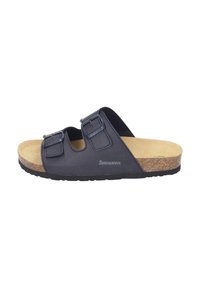 Navy blue slide sandal featuring two adjustable straps, a cork footbed, and a textured rubber sole. Brand logo visible on the side.