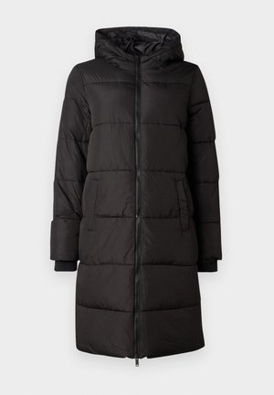 Parka nera imbottita con cappuccio, dotata di zip frontale, tasche laterali e polsini a coste. Realizzata in tessuto liscio con un design trapuntato.
