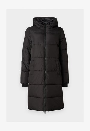 Schwarze gepolsterte Jacke mit Kapuze, ausgestattet mit einem Reißverschluss an der Vorderseite, Seitentaschen und Rippbündchen. Aus glattem Stoff mit gestepptem Design.