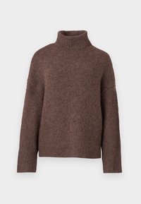 Pull en laine marron à col montant avec une coupe décontractée, épaules tombantes et texture tricotée côtelée aux poignets et à l'ourlet. Matériau doux et confortable.