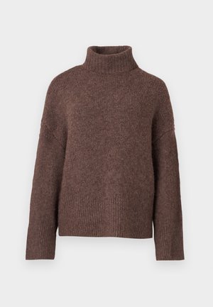Brauner Wollrollkragenpullover mit lockerer Passform, Fallerschultern und geripptem Strickmuster an den Bündchen und dem Saum. Weiches und gemütliches Material.
