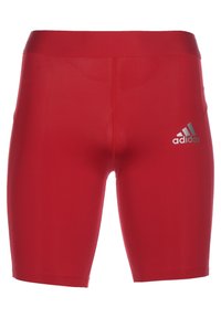 Rote Sportshorts mit einem elastischen Bund, aus einem glatten, dehnbaren Stoff gefertigt. Mit einem silbernen Adidas-Logo auf der linken Seite.