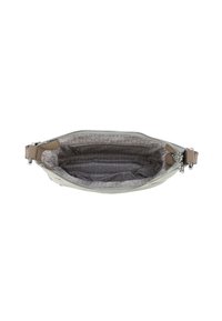 Borsa a mano grigia chiara con un esterno texturizzato, cerniera argentata e una tracolla beige. L'interno presenta una fodera con motivo a logo.