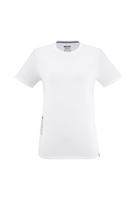 T-shirt blanc à manches courtes en mélange de coton, avec un col rond et une petite étiquette graphique sur le côté gauche.