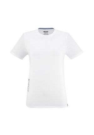 Weißes Kurzarm-T-Shirt aus Baumwollmischung mit Rundhalsausschnitt und einem kleinen grafischen Etikett auf der linken Seite.