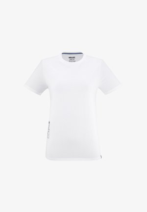 Weißes Kurzarm-T-Shirt aus Baumwollmischung mit Rundhalsausschnitt und einem kleinen grafischen Etikett auf der linken Seite.