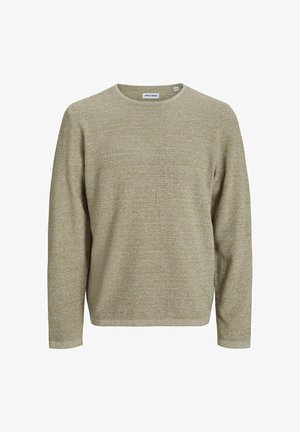 Pull beige à manches longues avec un motif de tricot texturé, col rond et coupe décontractée. Étiquette visible au col.