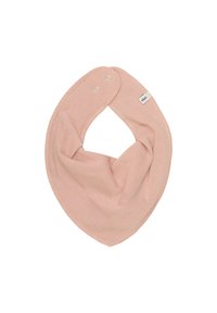Mjuk rosa triangulär barnhaklapp med två metallknappar och en liten tygetikett på sidan.