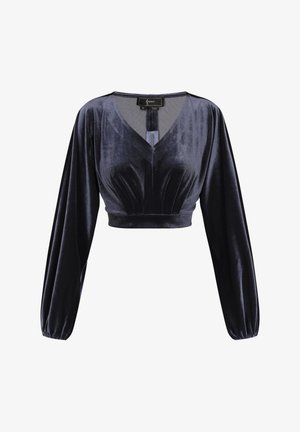 Haut cropped en velours gris foncé avec un décolleté en V profond, un devant plissé et de longues manches bouffantes. Surface texturée avec un léger éclat.