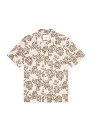 Kurzärmeliges Hemd in Creme mit braunem Blumenmuster. Verfügt über einen Camp-Kragen und eine lockere Passform. Leichter Stoff.