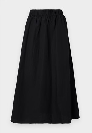Black, knee-length skirt with an elastic waistband, hanging against a plain light background.