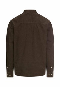 Bruine corduroy blouse met lange mouwen, knopenmanchetten en een klassieke kraag. Textiel met een gestructureerd oppervlak en verticale ribbels, en een rechte zoom.