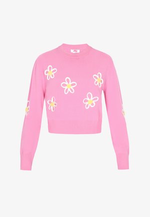 Ružičasti skraćeni pulover s dugim rukavima, ukrašen izvezenim bijelim cvjetovima s žutim središtem. Glatka pletenina, rebrasti rub.