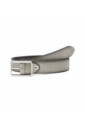 Textured grey belt with a perforated design, featuring a rectangular silver metal buckle and contrasting black interior lining.