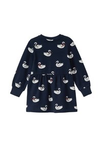 Tumesinine kleit pehmest kangast, millel on valge luige muster. Pikkade varrukatega, ümar kaelus ja volüümikalt kokku korjatud talje flared silueti saavutamiseks.