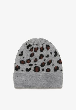 Gray knitted beanie with a folded cuff, featuring a leopard print pattern in black and brown. Soft texture, rounded top design.
