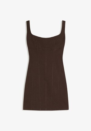 Ärmelloses, dunkelbraunes, figurbetontes Minikleid mit breiten Schulterträgern und Nahtdetails an der Vorderseite.