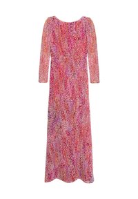 Maxikleid aus leichtem Stoff mit einem mehrfarbigen Blumenmuster in Pink, Lila und Orange. Lange Ärmel und eine lockere Passform.