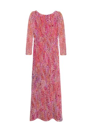 Maxi dress in lightweight fabric featuring a multicolored floral pattern in pink, purple, and orange. Long sleeves and a relaxed fit.