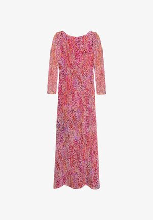 Vestido maxi de tela ligera con un patrón floral multicolor en rosa, morado y naranja. Manga larga y un corte holgado.