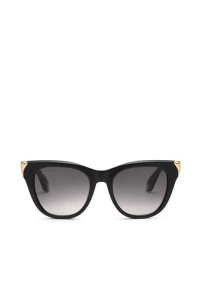 Lunettes de soleil œil de chat noires avec verres gris dégradés et détails dorés aux coins extérieurs supérieurs.