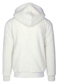 Vit sherpa fleece-hoodie med långa ärmar, ribbade muddar och ribbad midja, visad bakifrån.