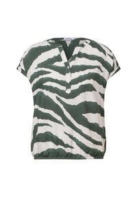 Blusa de manga corta a rayas verde y blanca con cuello henley y dobladillo elástico, confeccionada en tela ligera con una textura suave.