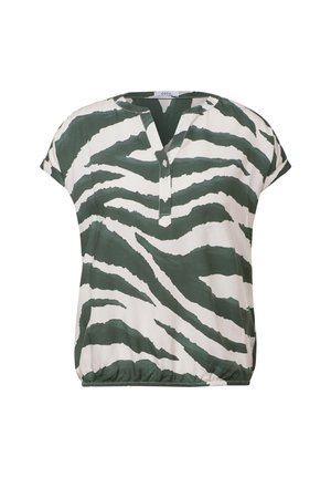 Kurzärmlige Bluse mit grün-weißen Streifen, Henley-Ausschnitt und elastischem Saum, aus leichtem Stoff mit glatter Textur.