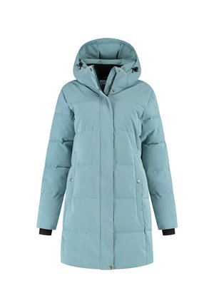 Lichtblauwe gewatteerde winterjas met capuchon, lange mouwen, winkeliers met rits en drukknoopjes, en zijzakken.