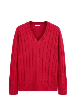 Maglione rosso a coste con scollo a V, maniche lunghe e polsini e orlo a coste, mostrato su sfondo bianco.