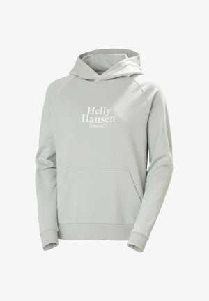 Svetle šedá mikina s kapucí, dlouhými rukávy a klokankou. Na přední straně je bíle vytištěno "Helly Hansen Since 1877".