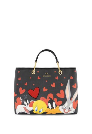 Borsa nera con manici neri, decorata con cuori rossi e volti dei personaggi dei cartoni animati Sylvester, Tweety, Daffy e Bugs Bunny.
