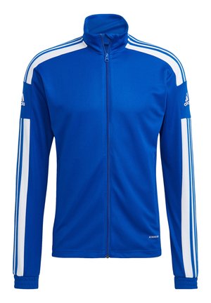 Blauer Sportjacke mit durchgehendem Reißverschluss, weißen Streifen an den Ärmeln, hohem Kragen, Adidas-Logos auf den Oberarmen und dem Schriftzug "AEROREADY" in der Nähe des Saums.