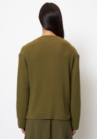 Žena s dlouhými černými vlasy, oblečená v olivově zeleném pleteném svetru a odpovídající sukni, zobrazená zezadu na bílém pozadí.