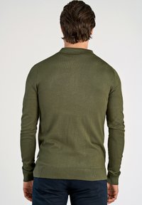 Maglione verde con una lavorazione a maglia testurizzata, polsini e fondo a coste, caratterizzato da un elegante design del colletto. La vista posteriore mostra una silhouette aderente.