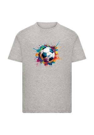 Gray t-shirt featuring a colorful, splattered design with a soccer ball in the center. Short sleeves and round neckline. Soft fabric texture.
