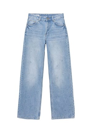 Lyseblå denimjeans med lige ben, frontknap, lynlås og fem lommer.