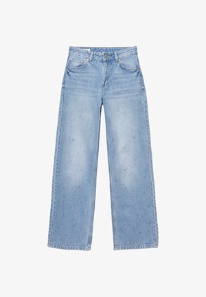 Svetlomodré rifle z denimu s priamym strihom nohavíc, predným zapínaním na gombík, zipsom a dizajnom s piatimi vreckami.