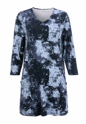 Abstract patterned dress featuring shades of navy, gray, and light blue. V-neckline, long sleeves, and two side pockets. Soft fabric.
