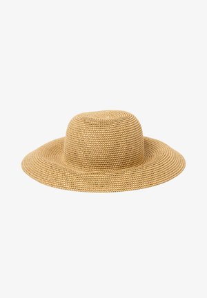 Chapeau de soleil en paille tissée à large bord avec une calotte ronde, de couleur naturelle beige, conçu pour la protection solaire et le port en extérieur.