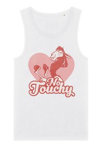 Camiseta sin mangas de algodón blanco con un gráfico de una cabra dentro de un corazón rosa y el texto "No Touchy" en letras rojas en negrita.