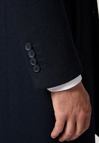 Rękaw granatowego wełnianego płaszcza z pięcioma czarnymi guzikami, teksturowany materiał i subtelne detale szwów. Pod rękawem widoczny mankiet białej koszuli.