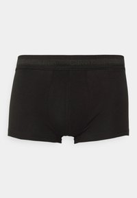 Boxeri negri dintr-un material neted, cu un tiv elastic pe care apare brandingul "Calvin Klein" în gri închis. Croială simplă, ajustată.