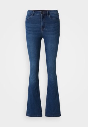 Dark blue denim flare jeans with front and back pockets, button and zip closure, and faded detailing on the thighs and knees.