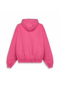Roze hoodie met lange mouwen, geribbelde manchetten en een tailleband. De stof is zacht en glad, met een strak, effen ontwerp.