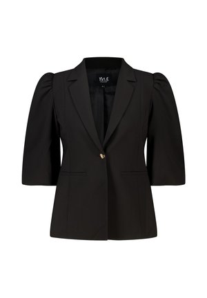 Zwarte op maat gemaakte blazer met geplooide driekwartsmouwen, enkele gouden knoopsluiting en een reverskraag met insnijding.