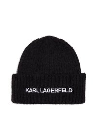 Čierna pletená čiapka s rebrovanou textúrou. Obsahuje biele vyšívanie "KARL LAGERFELD" na manžete. Jednoduchý a funkčný dizajn.